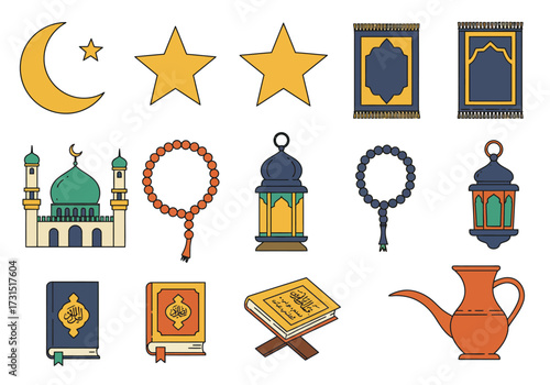 Ramadan icons featuring mosques stars moons books prayer beads rugs lanterns and a pitcher