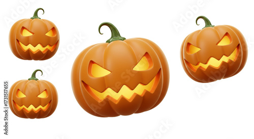 3D pumpkin lantern vector, carved happy face, top tilt angle, floating, solid tangerine orange.

