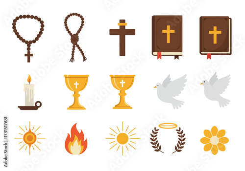 Religious icons rosaries crosses bibles chalices doves suns flame wreath candle flower