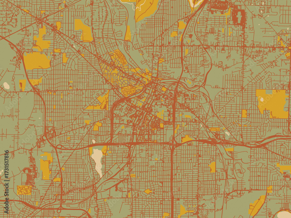 Fototapeta premium Stylized minimalist map of Akron, Ohio in sage/olive tone field with rust networks and ochre shapes, cream water.