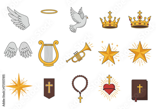 Religious icons wings halo dove crowns harp trumpet stars banner rosary heart book
