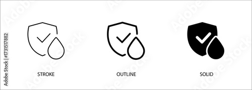 Shield icon with water drop for waterproofing, water resistance standards, water protection, safety. Editable vector stroke icon, outline and solid. Eps10 file.