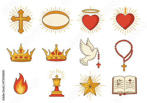 Religious symbols crosses hearts crowns dove rosary chalice star flame and open book