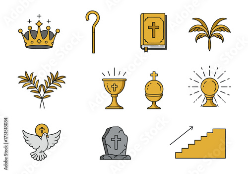 Religious symbols include a crown Bible dove cross chalice tombstone staff and rising stairs