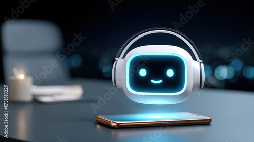 Friendly glowing chatbot icon with headset floating above smartphone screen, soft blue light, modern desk scene with candle and blurred chair in background expressing calm and helpful mood