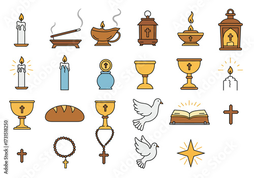 Religiousthemed icons feature candles chalices bread crosses rosaries incense a book doves and a star
