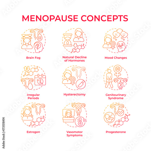 Menopause red gradient concept icons. Climacteric stage in women life. Menstrual periods permanently stop. Gynecology. Icon pack. Vector images. Round shape illustrations for article. Abstract idea