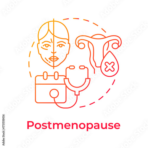 Postmenopause red gradient concept icon. One year after the last menstrual period. Women health. Menopause stage. Round shape line illustration. Abstract idea. Graphic design. Easy to use in blog post