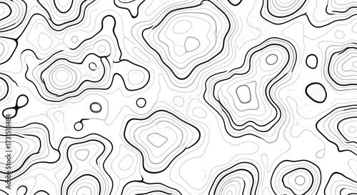 Monochrome abstract background of flowing contour lines. Generative vector illustration resembling a topographic relief map