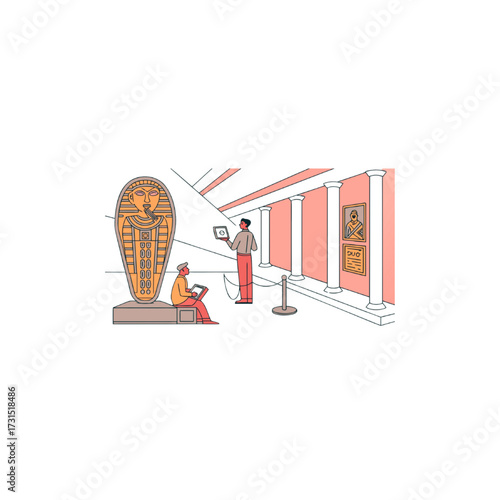 Illustrated Museum Scene with Visitors Studying Ancient Egyptian Sarcophagus Using Tablets Near Columns and Artworks