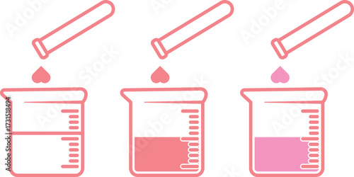 Vector icons of beaker dropping heart liquid into beaker glass. Cute love chemistry experiment, romantic potion lab, Valentine’s science design in pink and red, flat minimal style illustration.