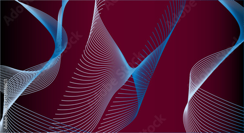 Abstract flowing lines in blue and white on a deep red background, digital art