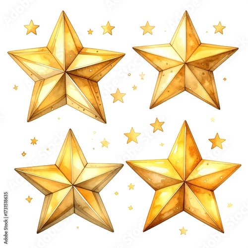 Four gold stars, watercolor style, with small stars scattered around them