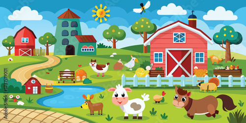 Cartoon Farm Set Animals Fields Vector Art Illustration For Agriculture