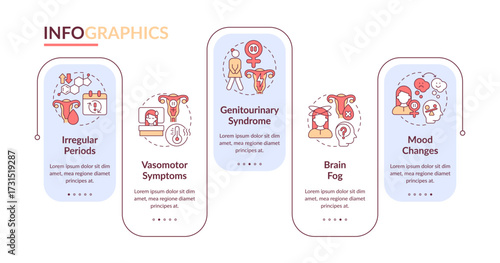 Symptoms of menopause rectangle infographic vector. Gynecology and medical diagnostics. Data visualization with 5 steps. Editable rectangular options chart. Lato-Bold, Regular fonts used