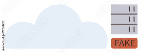 Blue cloud next to a server stack marked as Fake, representing data integrity, server authenticity, and cloud security awareness. Ideal for technology, cybersecurity, AI, data, fraud detection