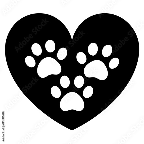 3d icon of black heart silhouette with three white paw prints inside