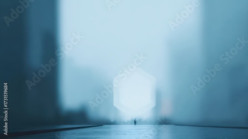Mysterious Silhouette: An ethereal scene of muted colors, a solitary figure appears diminutive against a radiant geometric light, set against a backdrop of suggestive urban architecture.