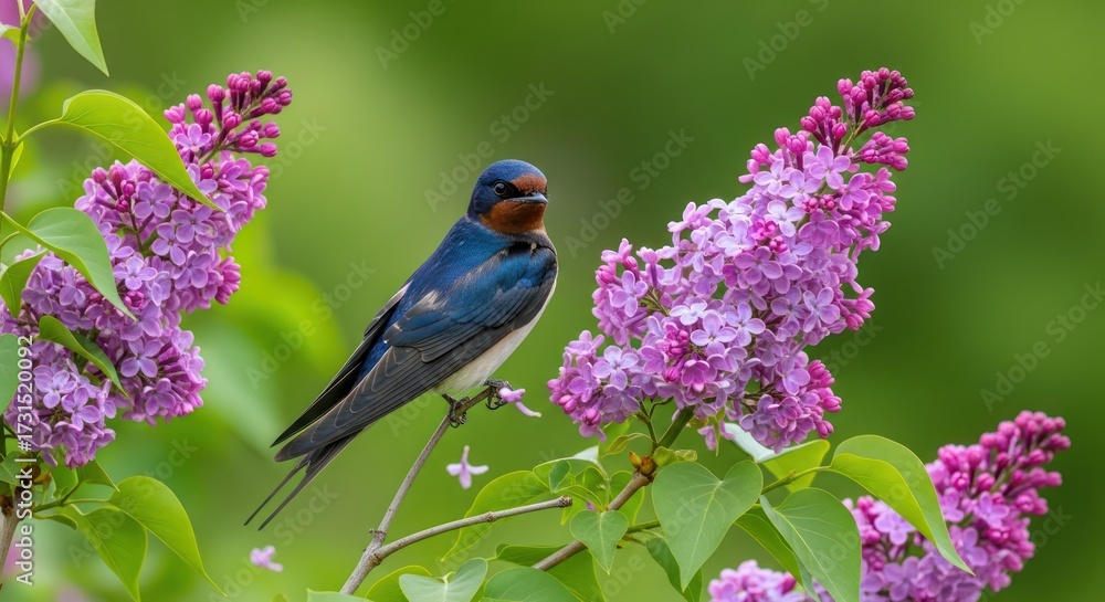 Obraz premium Barn swallow perched gracefully amongst vibrant lilac blossoms in early springtime nature scene