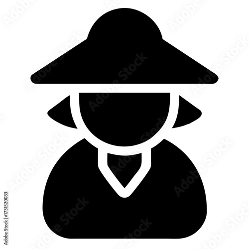 3d icon of silhouette icon of a person wearing a conical hat and a collared shirt, representing a farmer or traditional figure