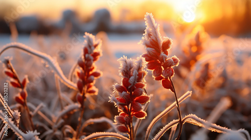 A closeup shot of the dried and frozen wheat branches in the field