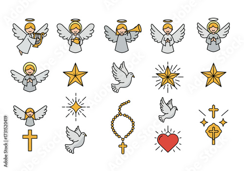 The image shows icons related to Christianity angels doves rosary stars crosses and a heart