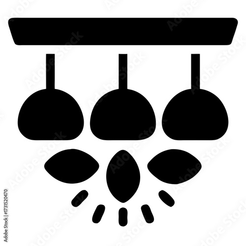 3d icon of black icon representing a modern ceiling light fixture with three pendant lamps and radiating light