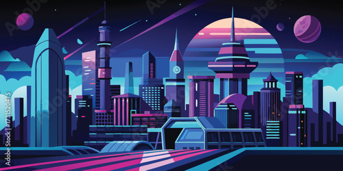 Futuristic Cityscape At Night Vector Art Illustration For Modern Theme