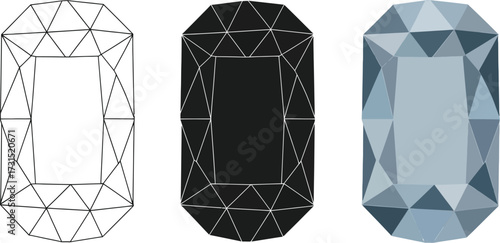 Emerald cut gemstone illustration presented in line art silhouette and full color isolated on a white background