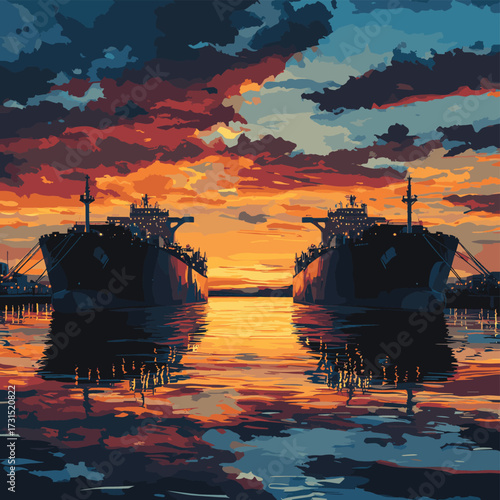 Detailed View of LNG Tankers at Loading Arm During Sunset, Capturing the Tranquil Beauty of Maritime Operations Against a Vivid Sky , vector style simple color