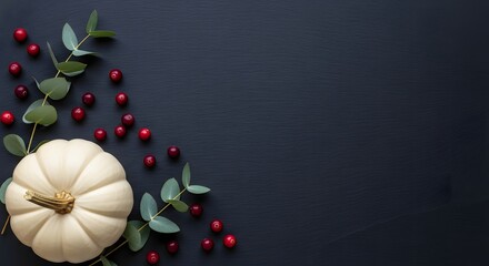 Overhead view of a white mini pumpkin, scattered cranberries, and eucalyptus leaves arranged on a dark, slate-like background, perfect for autumn food design