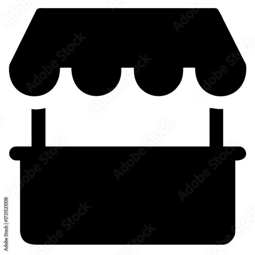 3d icon of a black silhouette icon representing a market stall or kiosk with a canopy and a counter, isolated on a