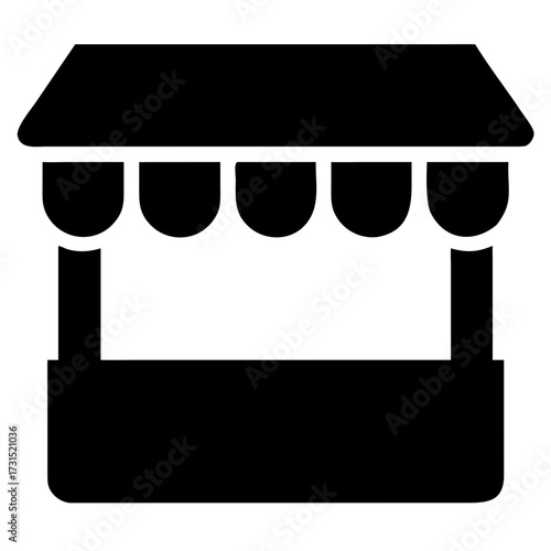 3d icon of a black silhouette icon representing a market stall or kiosk with a canopy and a counter, isolated on a