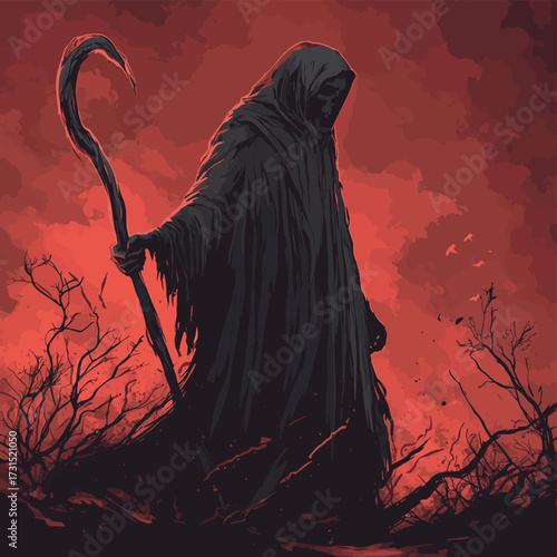 Mysterious Grim Reaper Figure in Dark Atmosphere with Eerie Vibes , vector style simple color