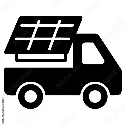 3d icon of black silhouette of a truck carrying a solar panel on its bed, symbolizing renewable energy transportation and logistics