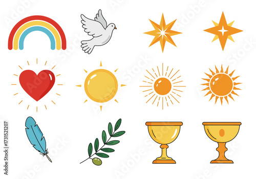 Twelve varied Christian symbols rainbow dove stars heart suns feather branch chalices
