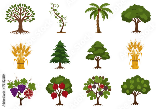 Twelve stylized crop icons trees vines wheat figs pomegranates grapes
