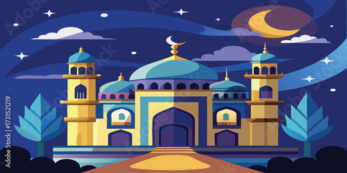 Islamic Mosque At Night With Crescent Moon Vector Art Illustration