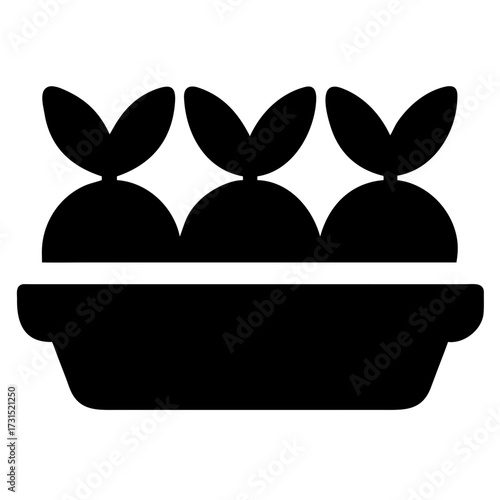 3d icon of black silhouette of a planter box with three seedlings or sprouts, representing gardening, growth, and agriculture