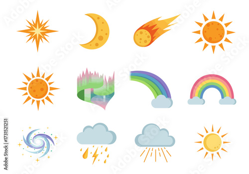 Twelve vector weather icons include suns a comet moon galaxy aurora borealis rainbows clouds and a star