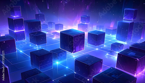 Fototapeta Naklejka Na Ścianę i Meble -  A scene of many blocks resembling a blockchain floating in virtual space