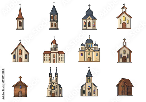 Varied cartoon churches each distinct in architecture with crosses atop