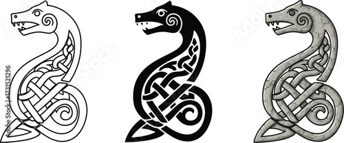 Set of Celtic dragon knot illustrations ancient mythical creature vector design isolated on white background