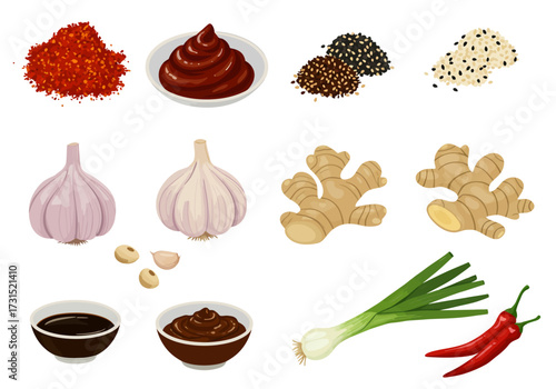 Various culinary ingredients spices sauces ginger garlic scallion chili and sesame seeds