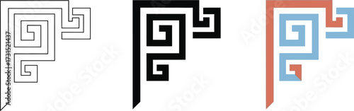 Set of corner border designs with a meander pattern available in outline solid and color versions for graphic design projects