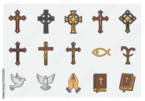 Vectorstyle Christian symbols crosses doves hands praying Ichthys and Bibles on a white background