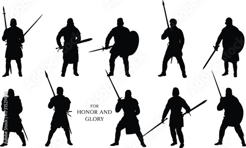 Medieval warrior silhouettes, battle-ready poses, swords, shields, spears, heroic fighters, ancient combat, fantasy theme, chivalry, honor, glory, illustration