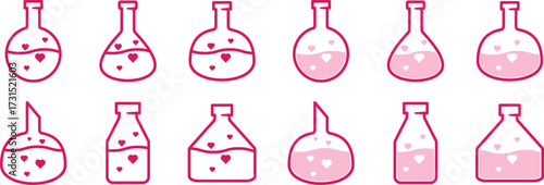 Vector icon set of laboratory flasks and bottles filled with heart liquid. Symbol of love chemistry, romantic science experiment, potion, Valentine’s elixir, and relationship research concept.