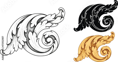 Set of decorative acanthus leaf ornaments vector floral design elements in black gold and outline isolated on white background