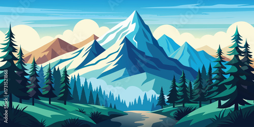 Mountain Landscape With Spruce Forest Vector Art Illustration For Nature